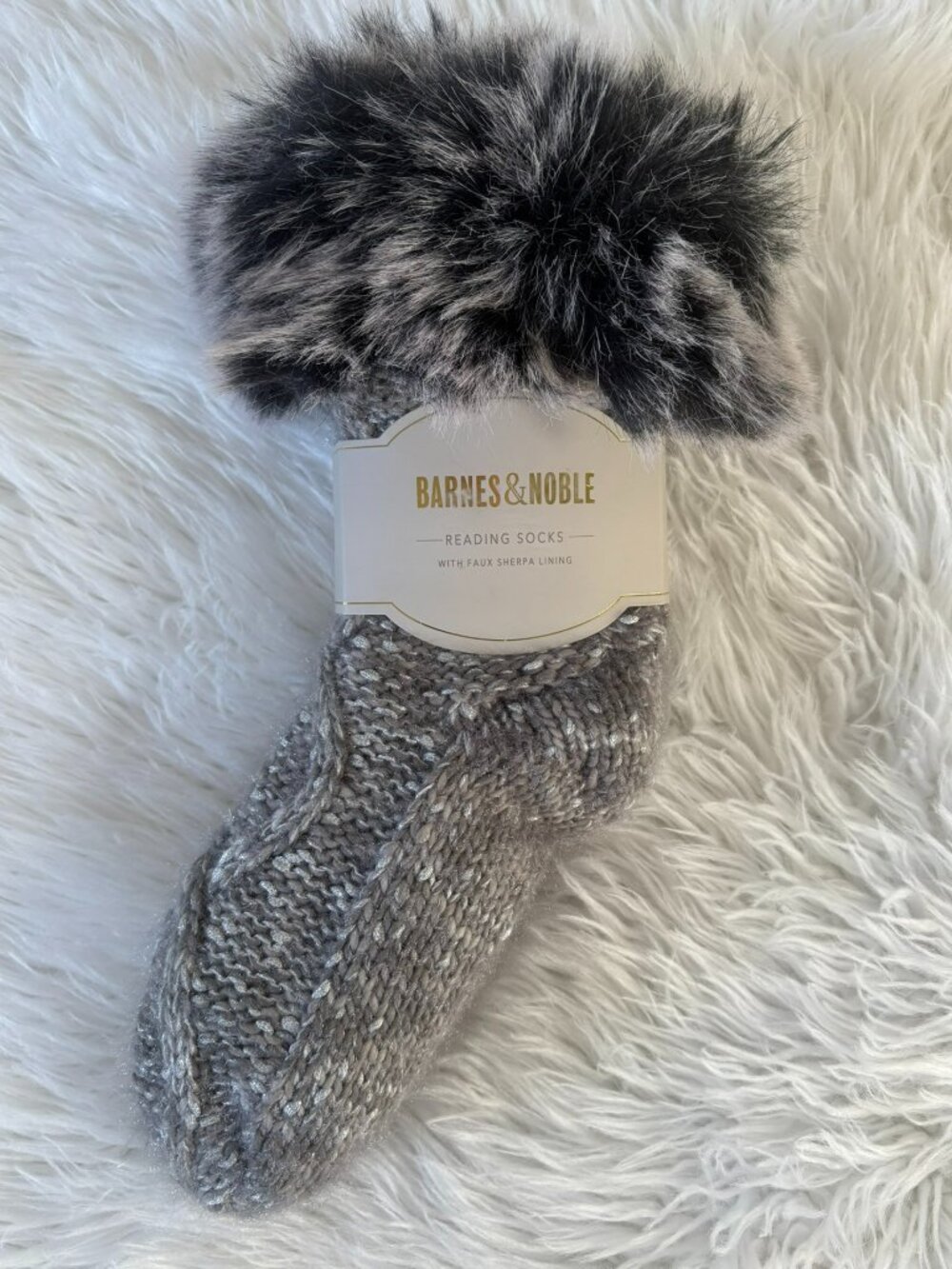 NWT Barnes & Noble Reading Socks Faux Sherpa Lining Knit Fuzzy Metallic 9-11